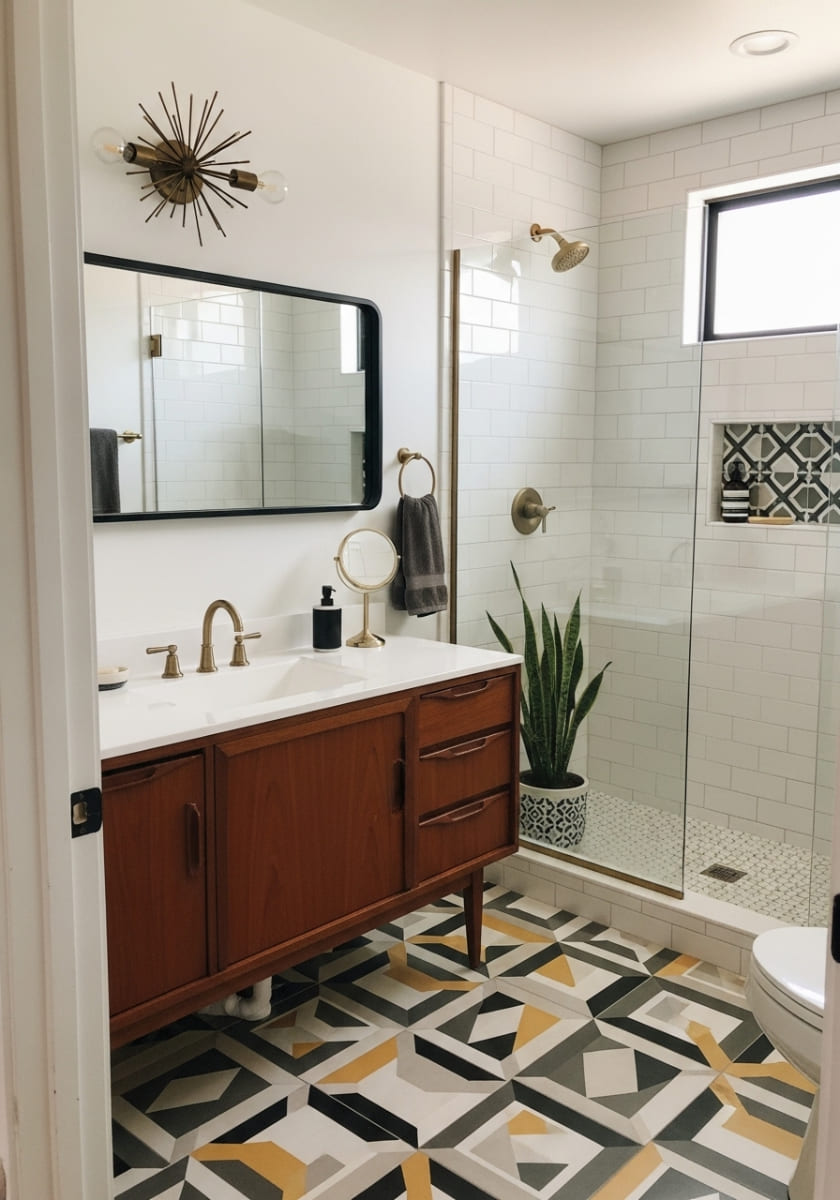 Bold Geometric Tile Statement for midcentury modern bathroom
