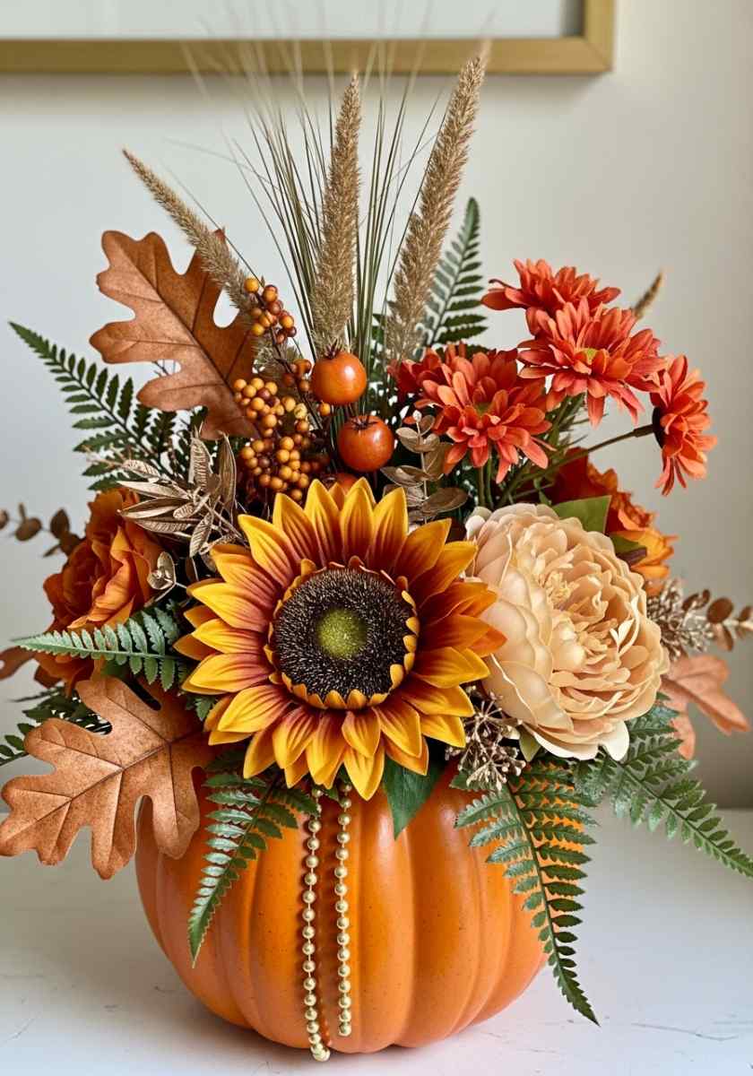 fall flower arrangements in pumpkin