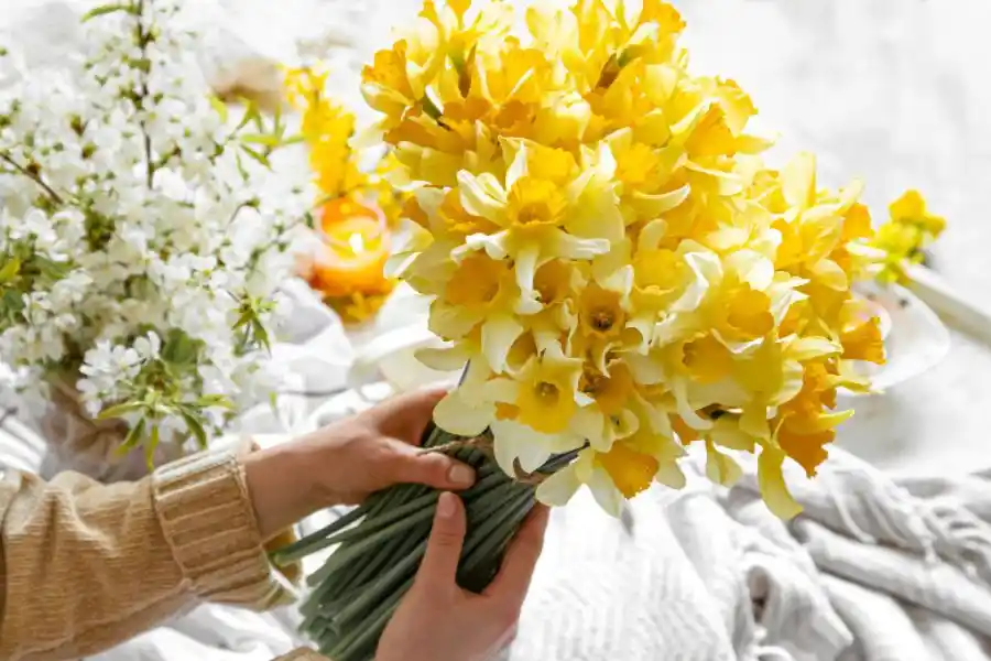 a person holding a bouquet of yellow flowers