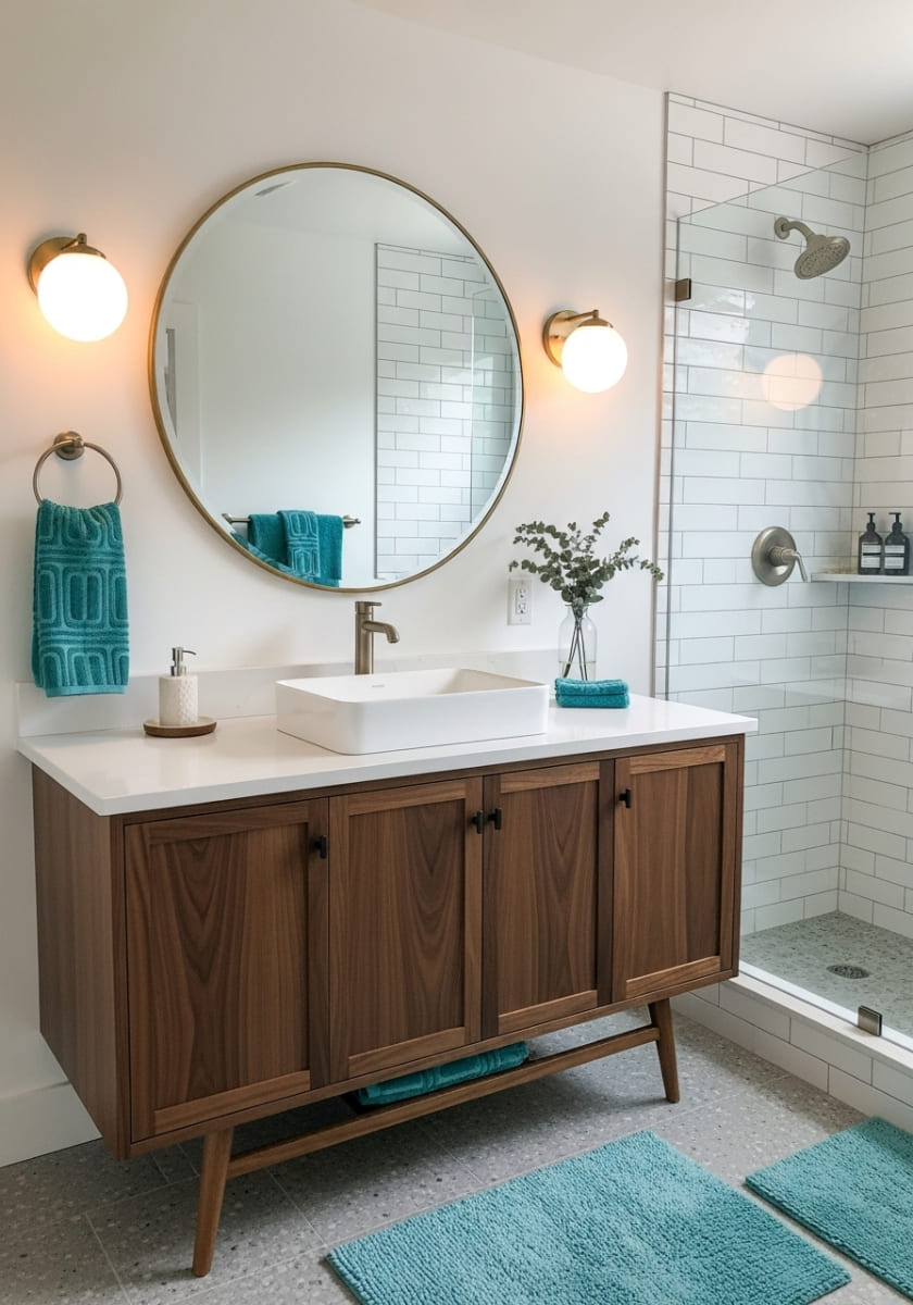 Walnut Vanity with Retro Lighting for Midcentury Modern Bathrooms
