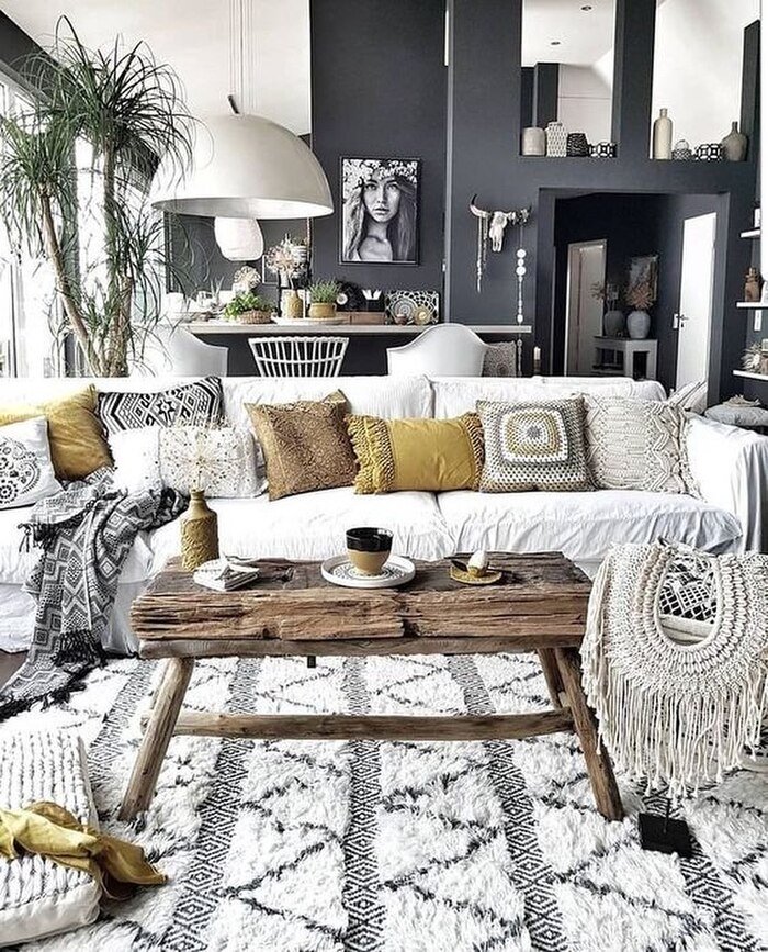 black and white living room decor boho