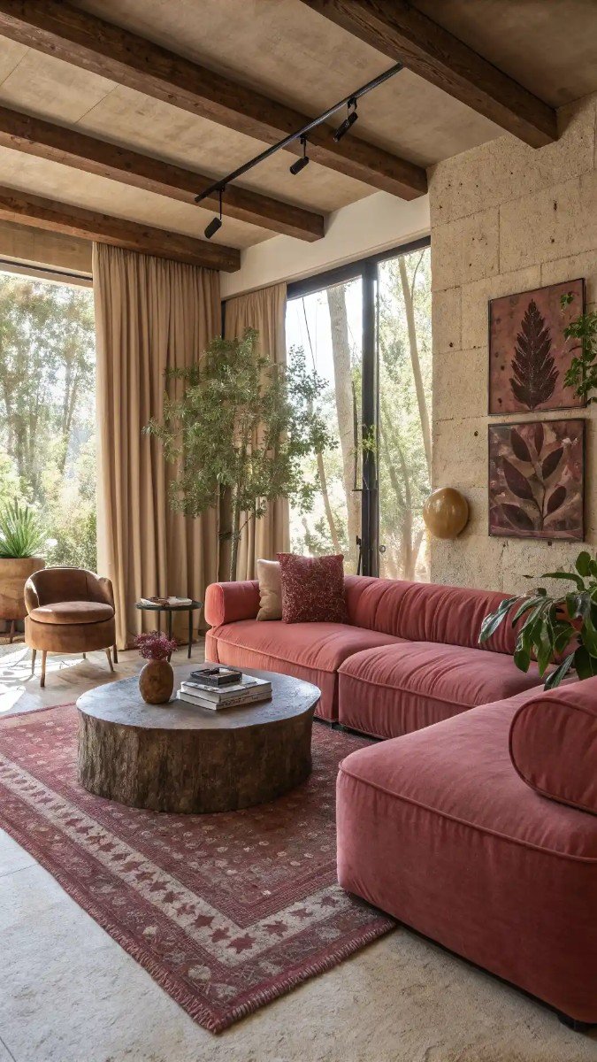 red pink brown living room 3