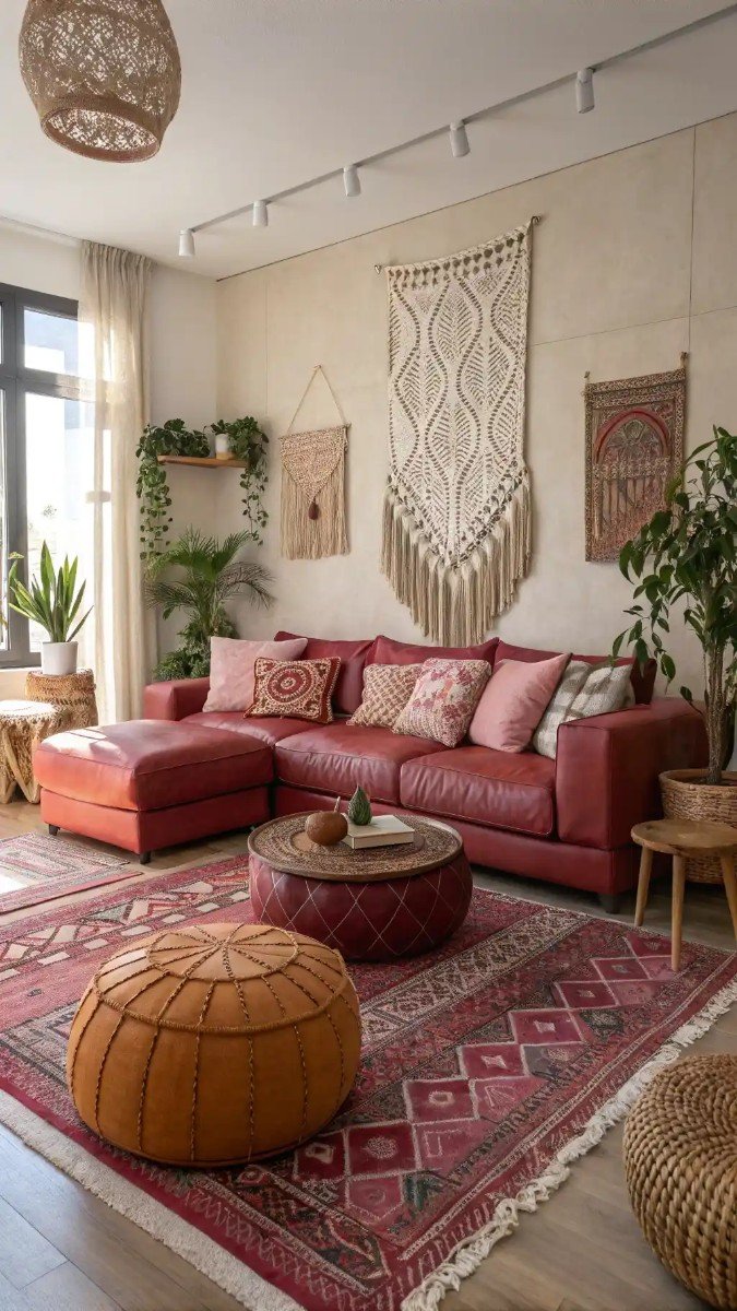 red pink brown living room 7