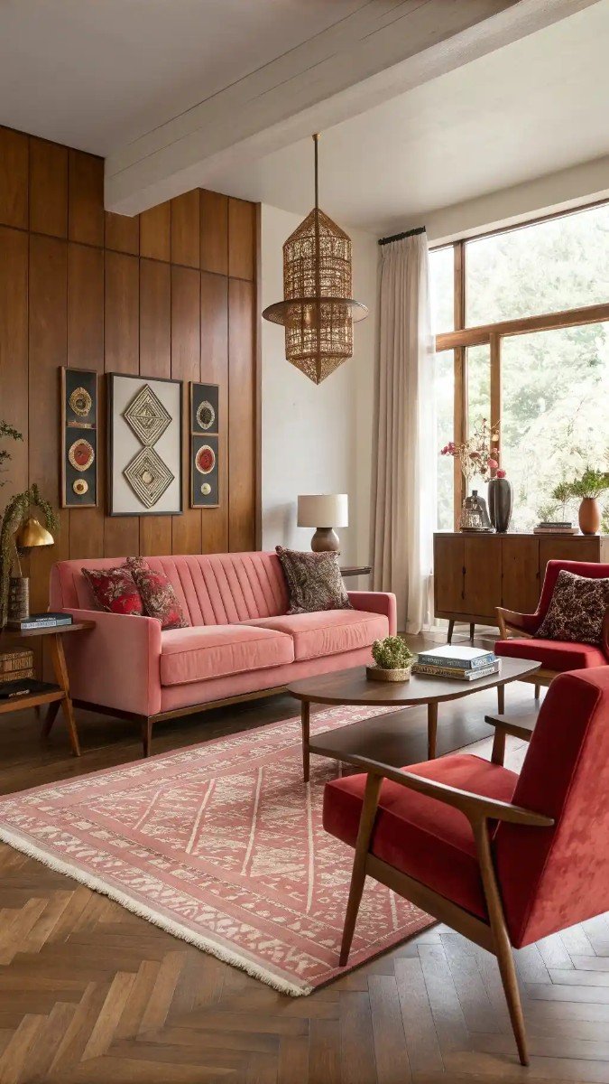 red pink brown living room 8