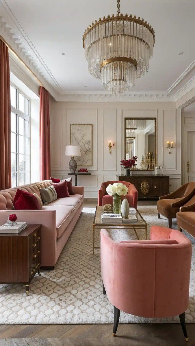 red pink brown living room 11