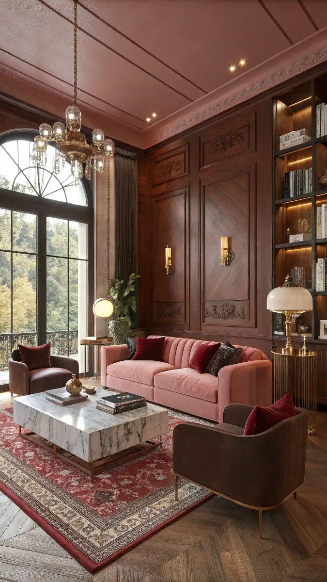 red pink brown living room 12