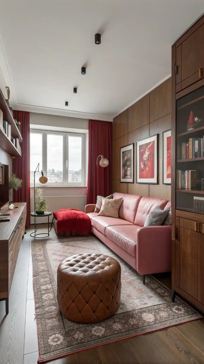 red pink brown living room 17