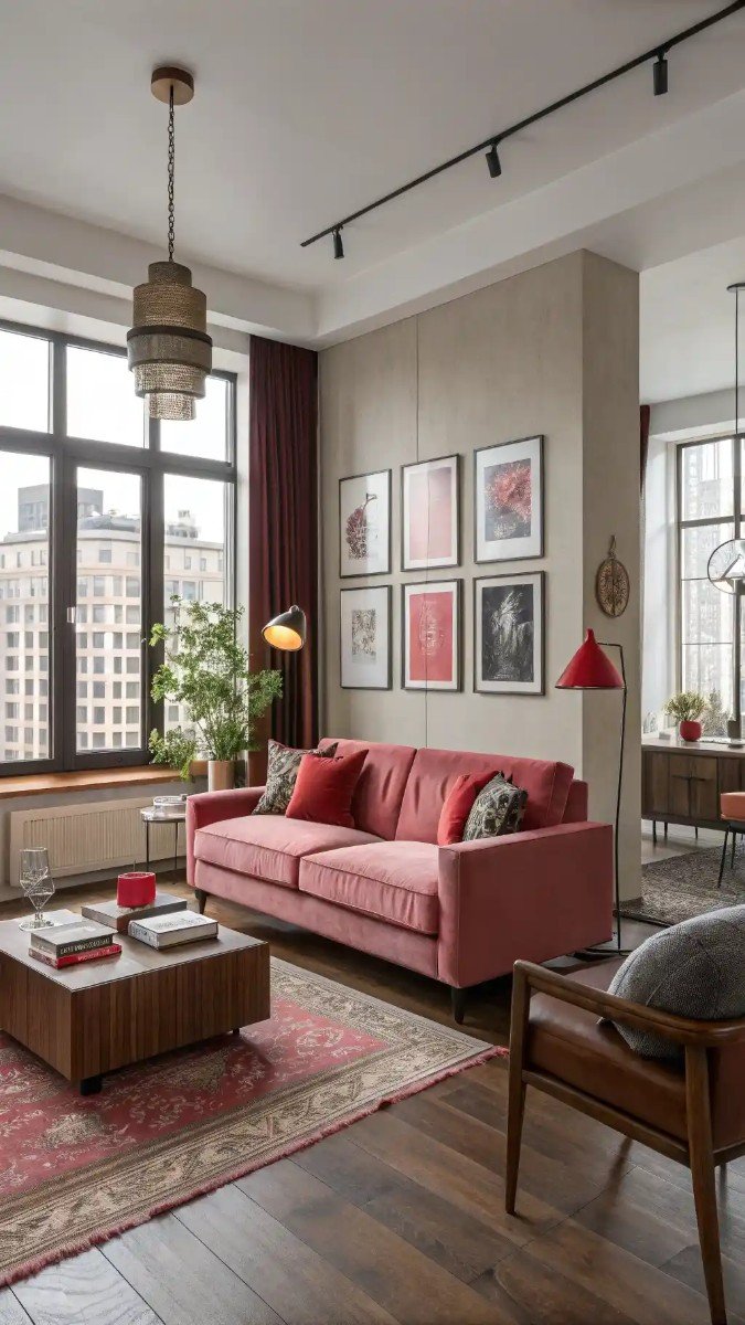 red pink brown living room 18