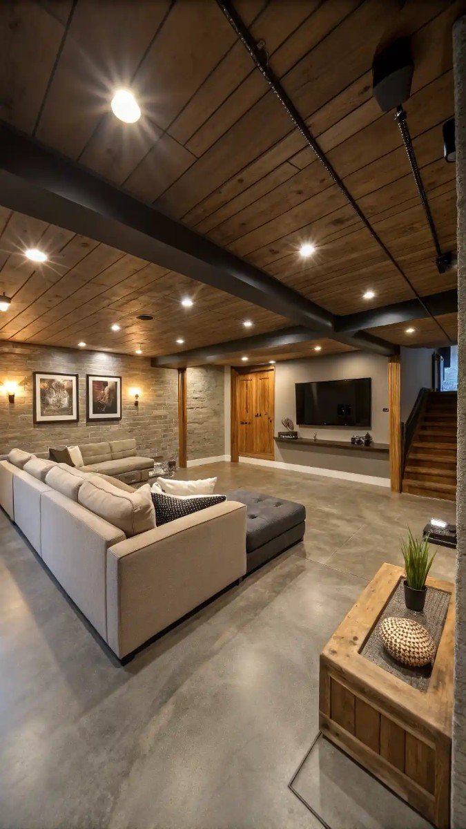 concrete floor basement living room 16