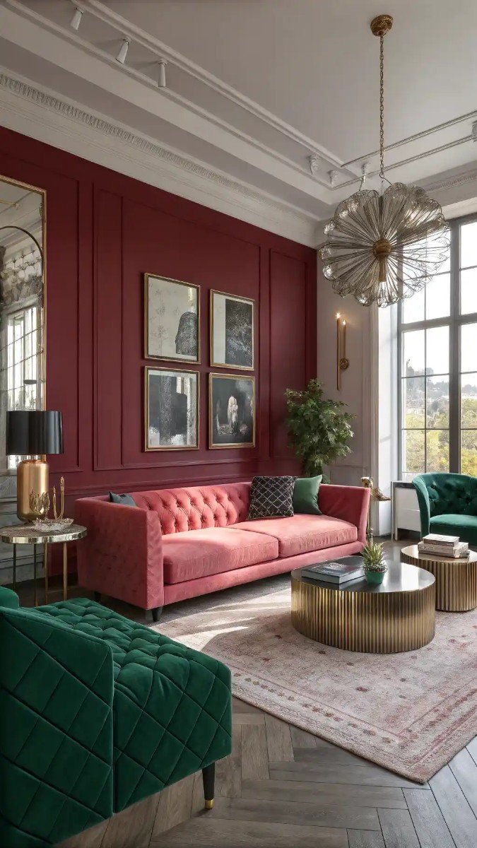 pink red and green living room 1