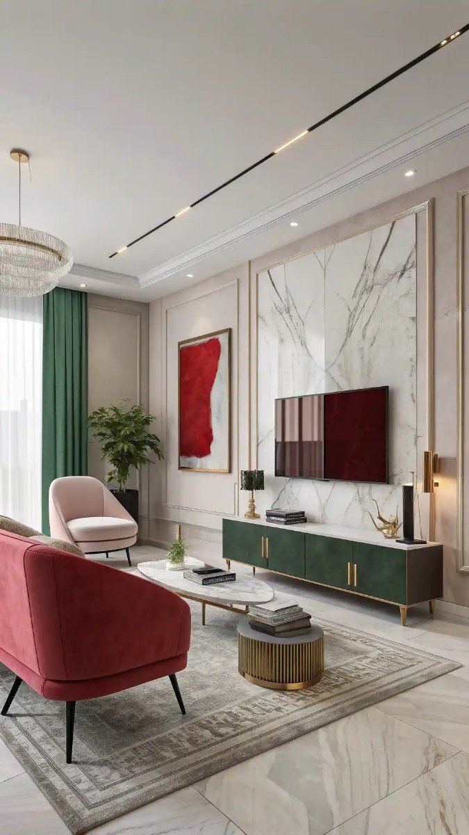 pink red and green living room 2