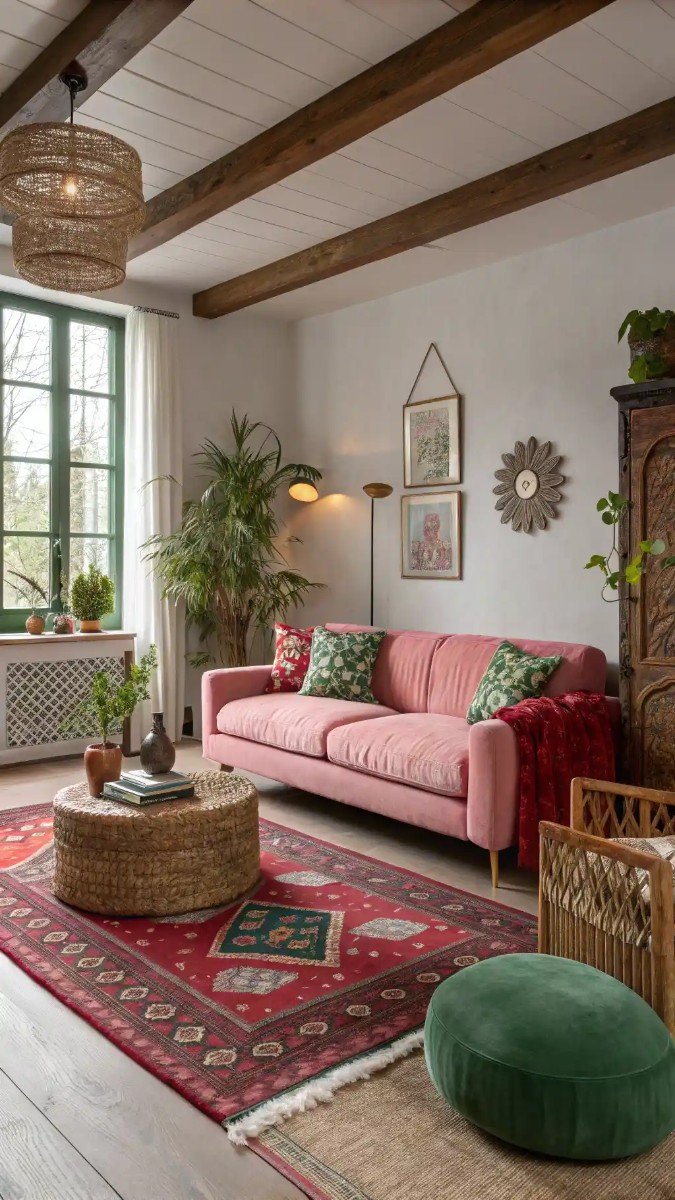 pink red and green living room 6