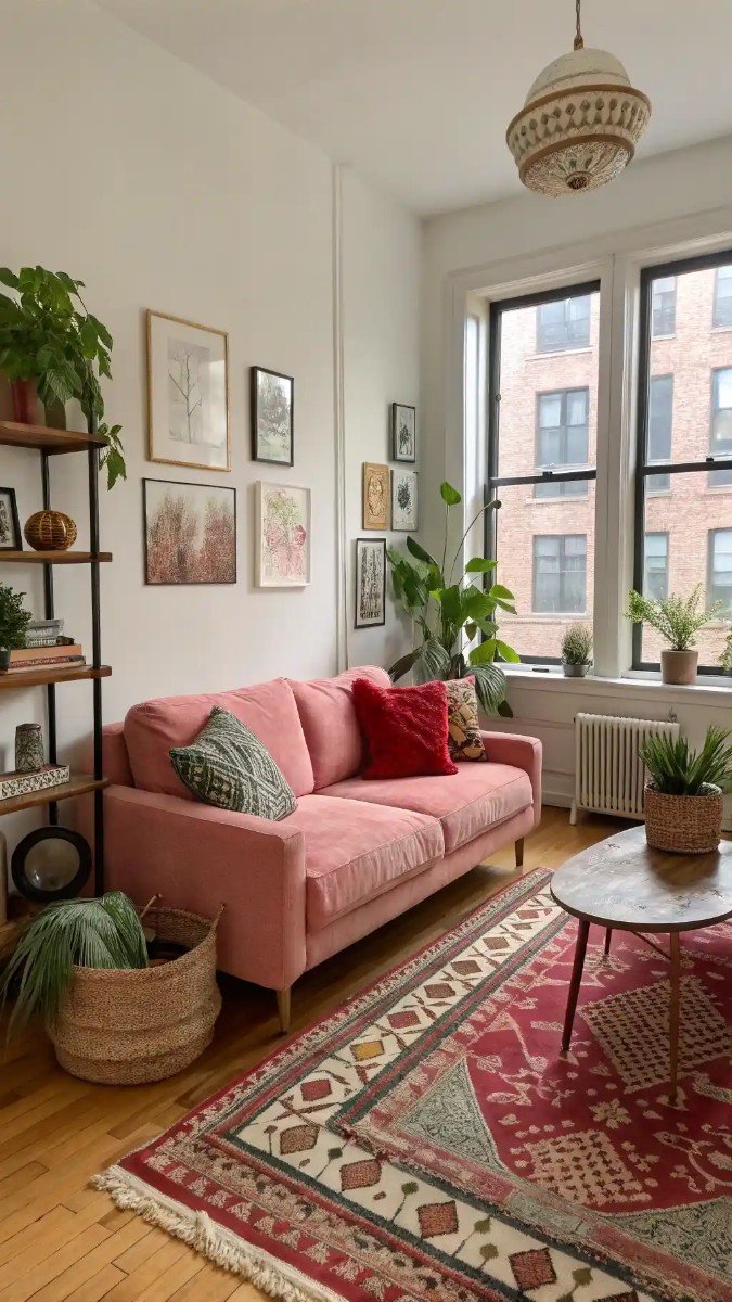 pink red and green living room 7