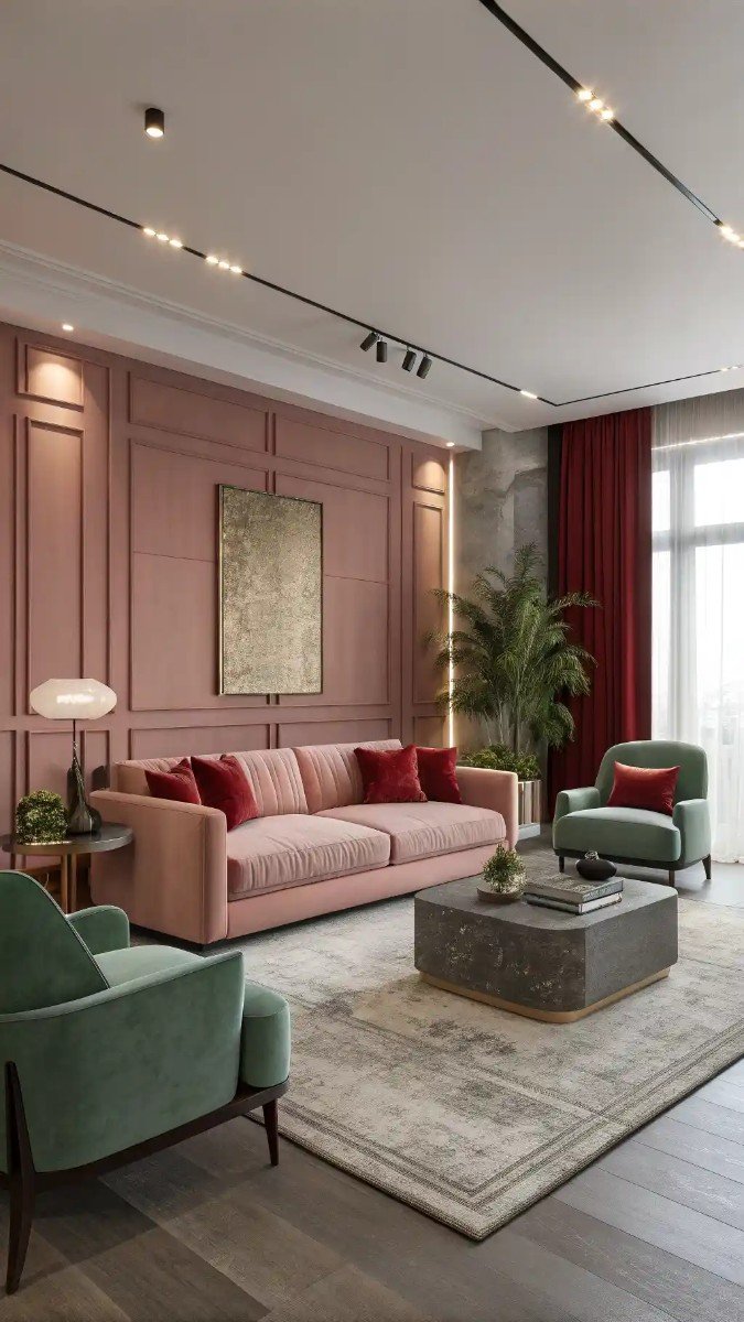 pink red and green living room 8