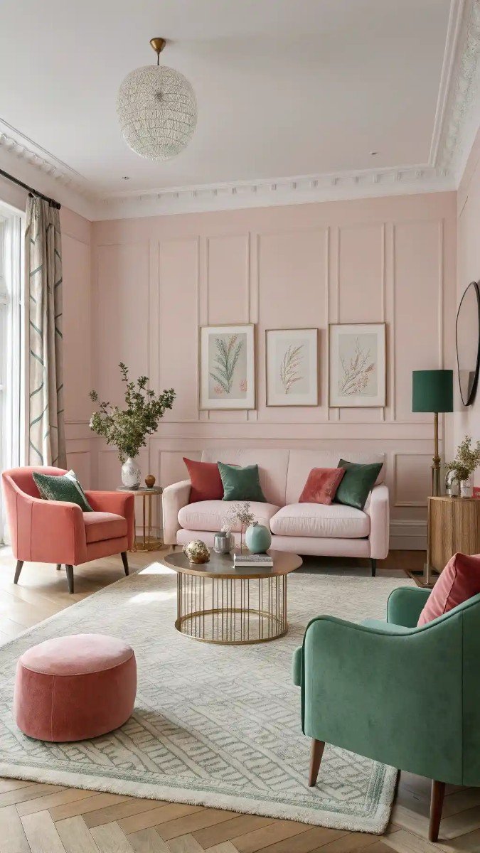 pink red and green living room 11