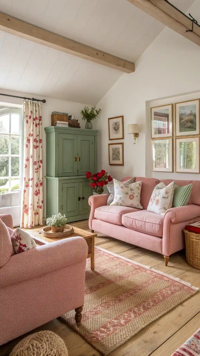 pink red and green living room 13