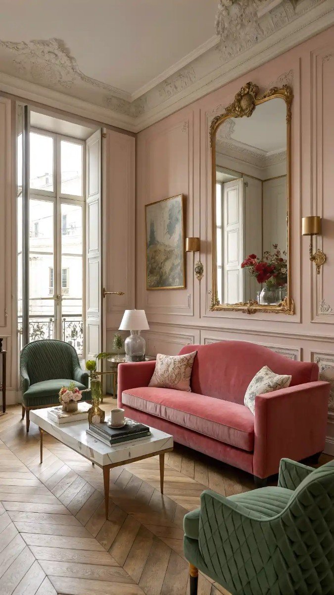 pink red and green living room 15