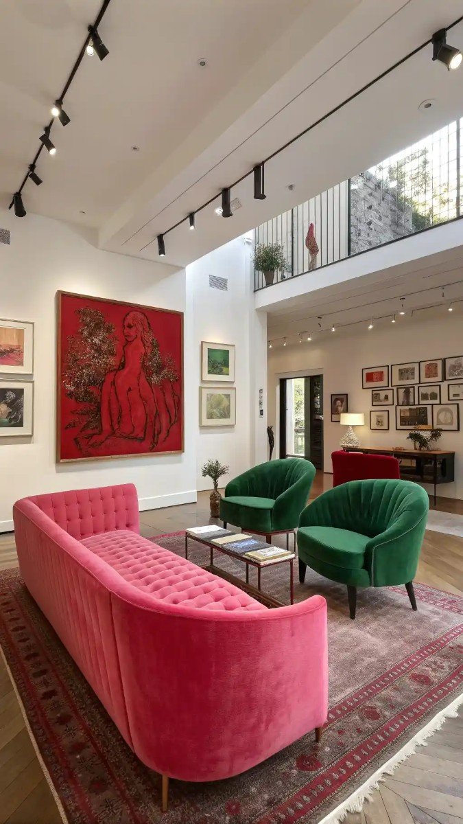 pink red and green living room 17