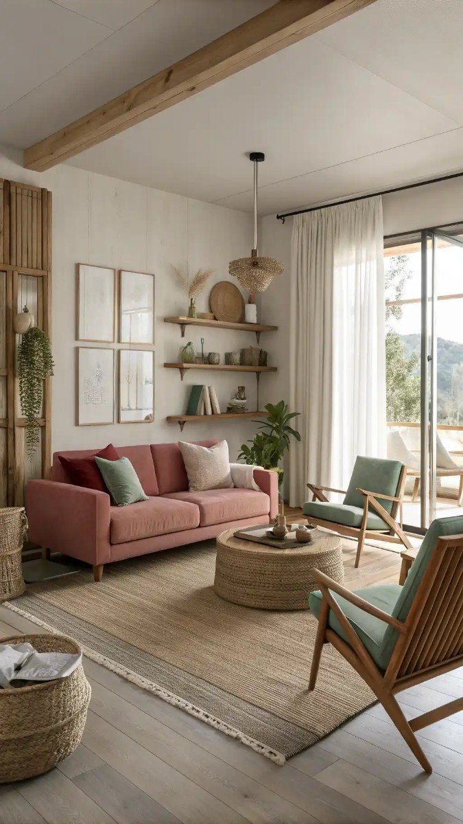 pink red and green living room 18