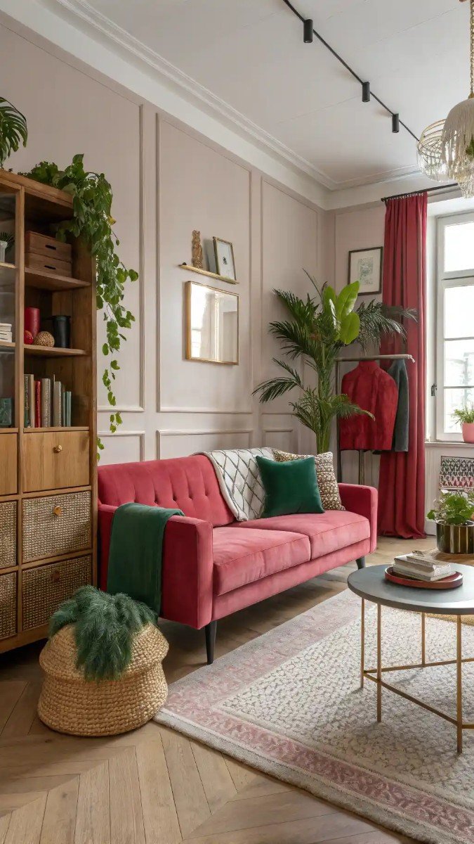 pink red and green living room 19