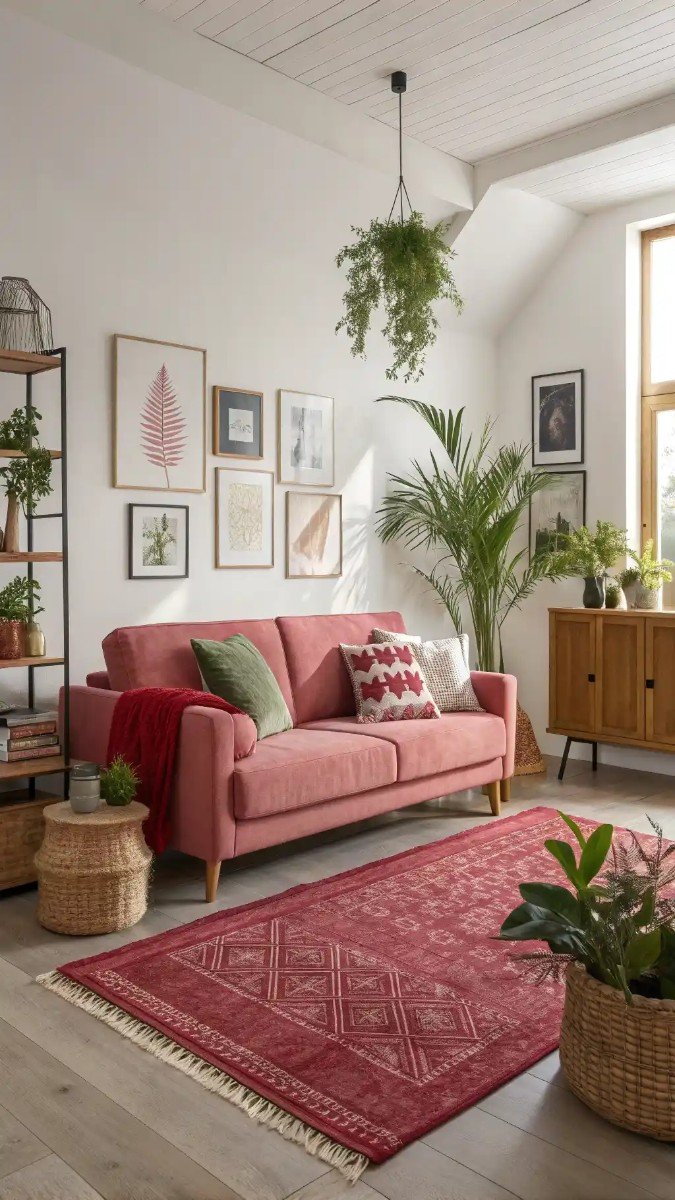 pink red and green living room 20