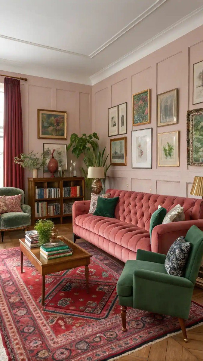 pink red and green living room 23