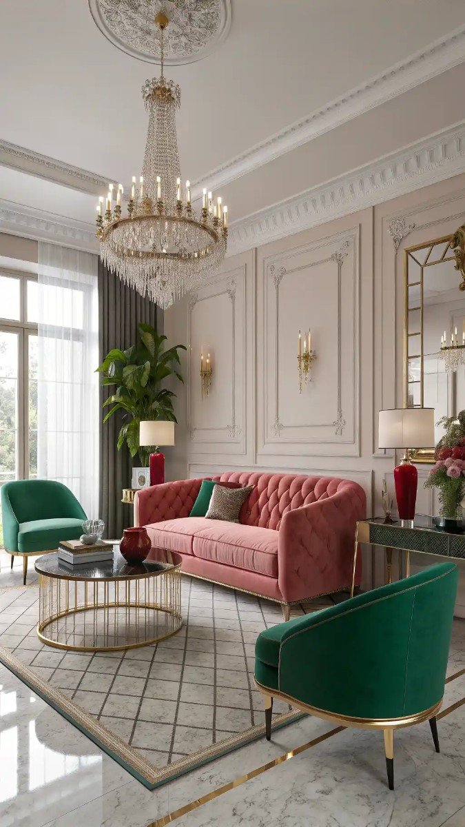 pink red and green living room 24