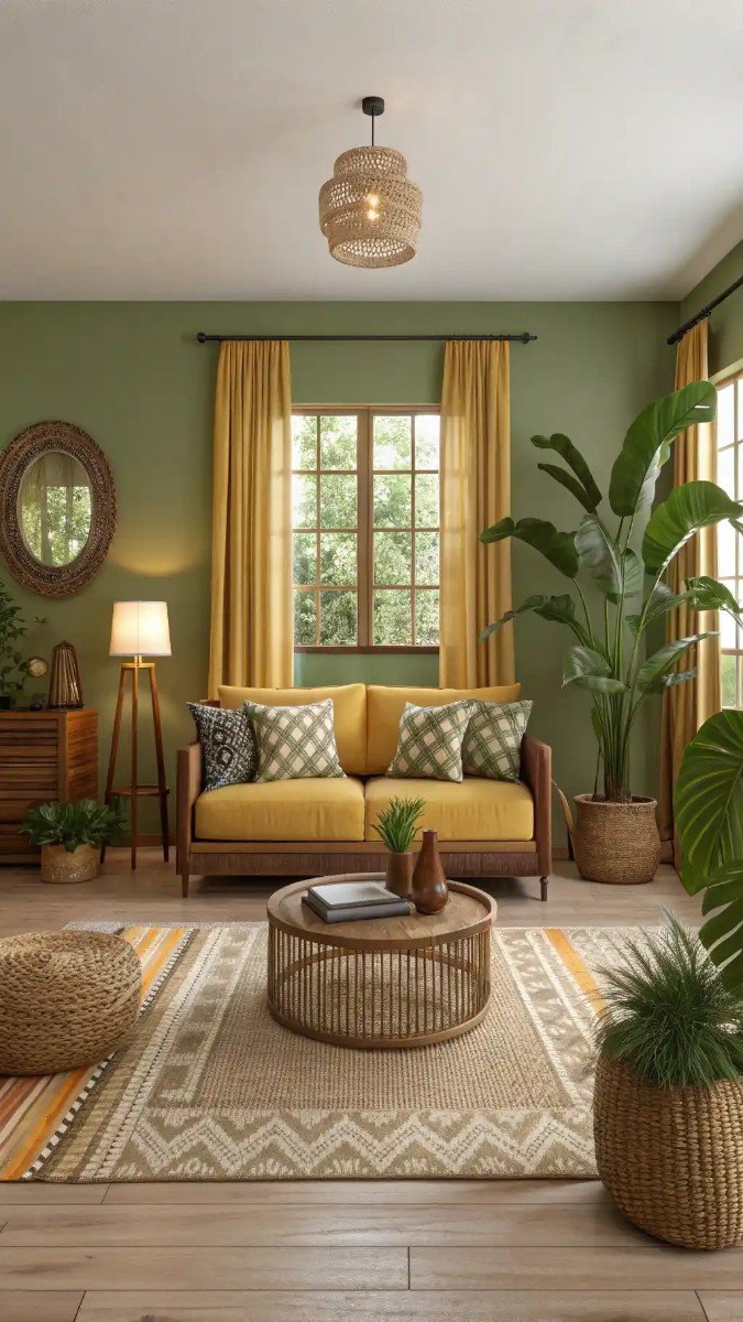 green and yellow living room design 18