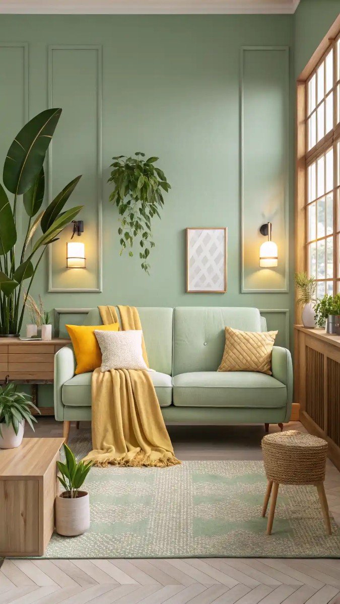 green and yellow living room design 20