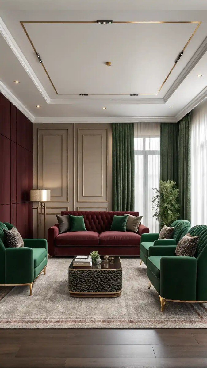 green and burgundy living room decor 1