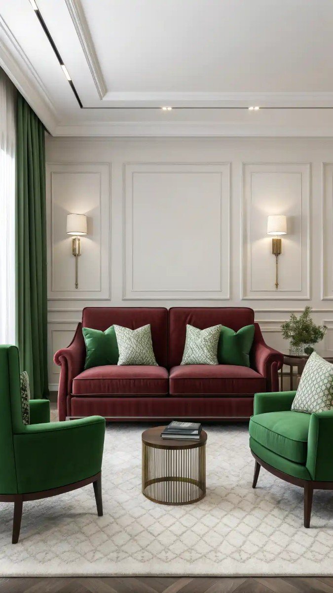 green and burgundy living room decor 3