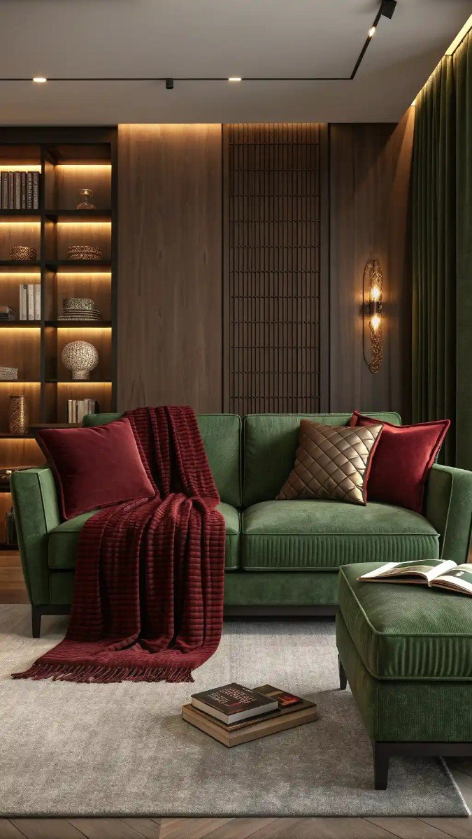 green and burgundy living room decor 5