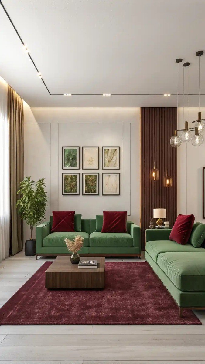 green and burgundy living room decor 7