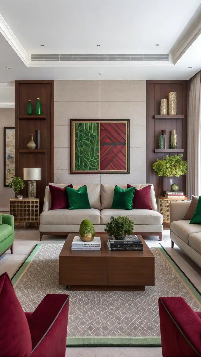 green and burgundy living room decor 8