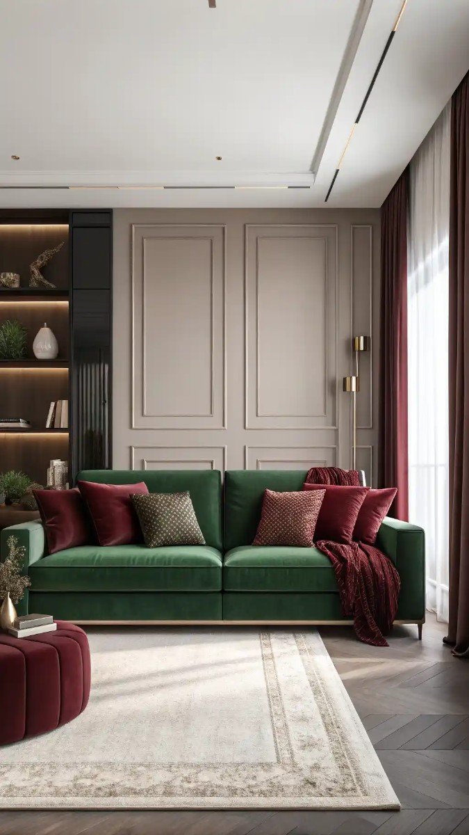 green and burgundy living room decor 9