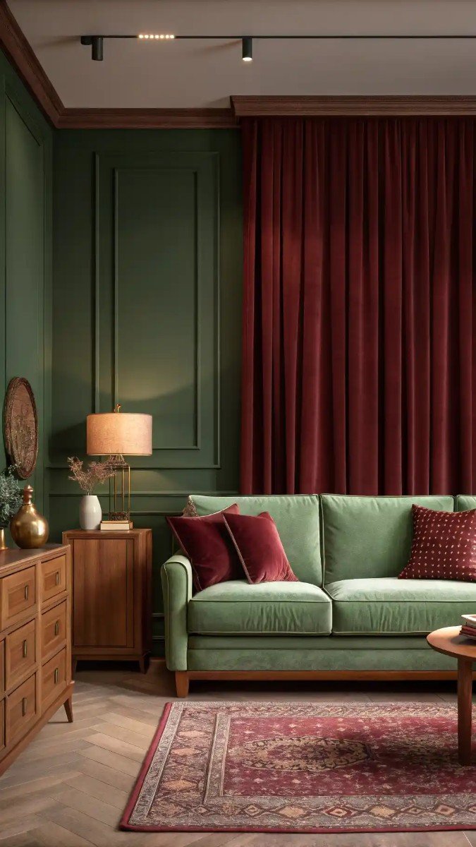green and burgundy living room decor 11