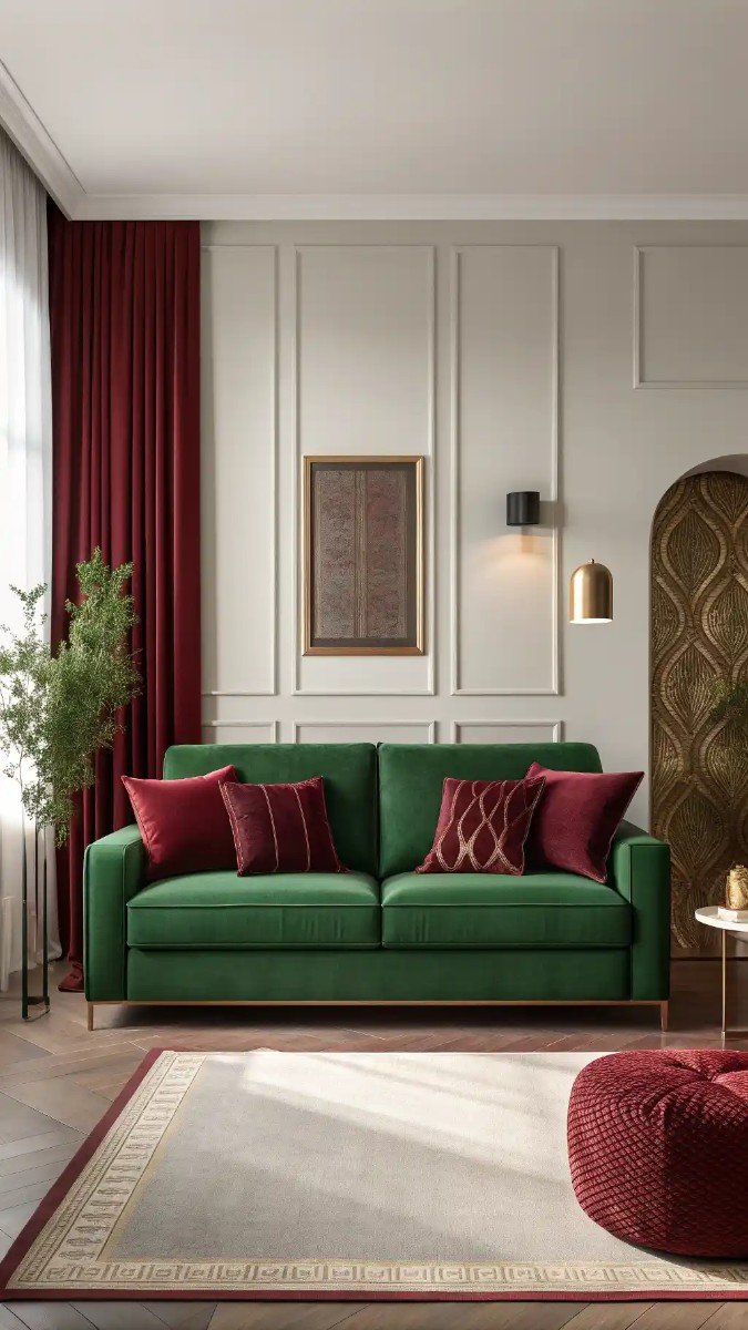 green and burgundy living room decor 12
