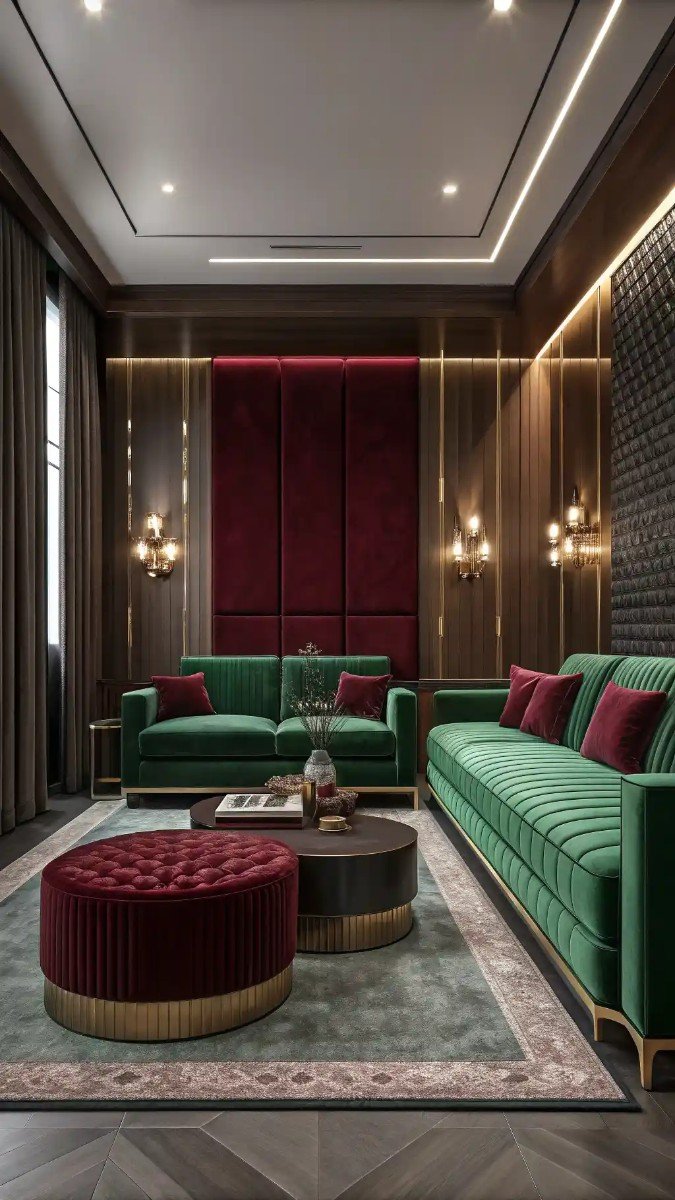green and burgundy living room decor 13