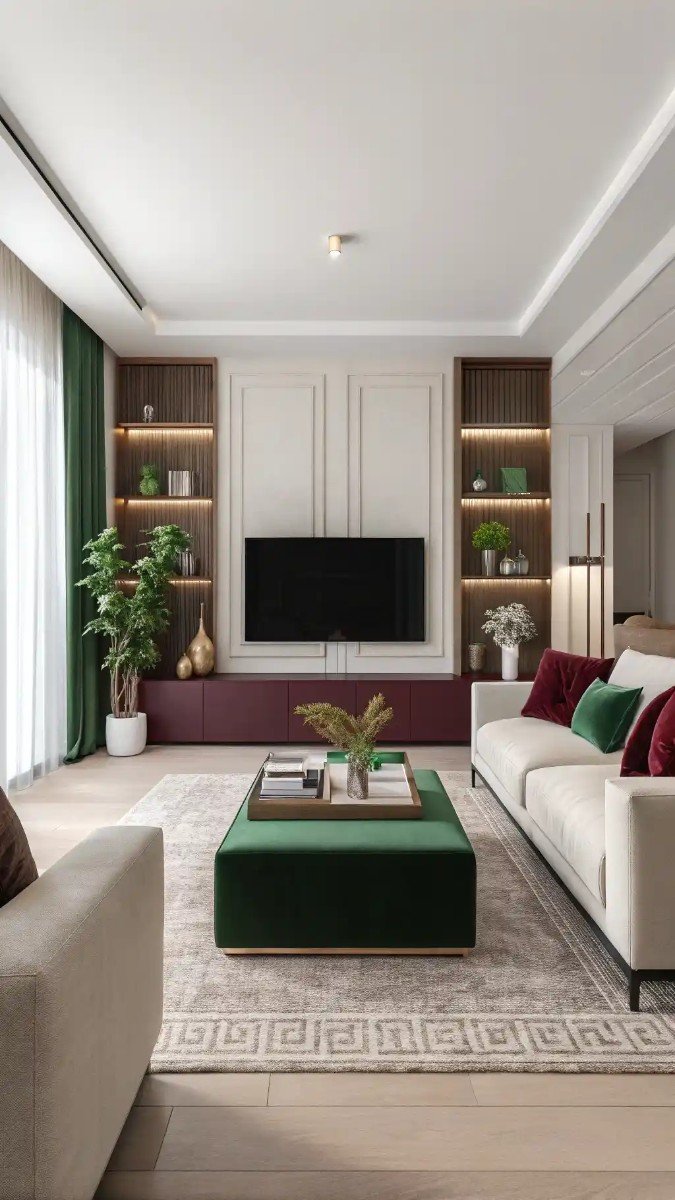 green and burgundy living room decor 14