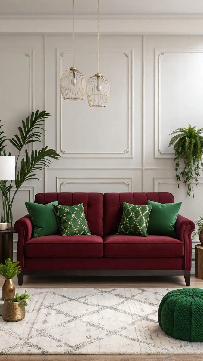 green and burgundy living room decor 15