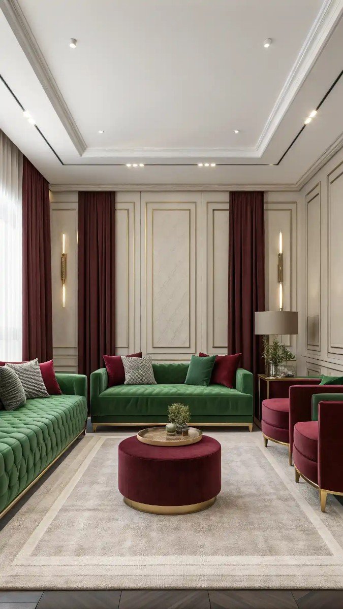 green and burgundy living room decor 16