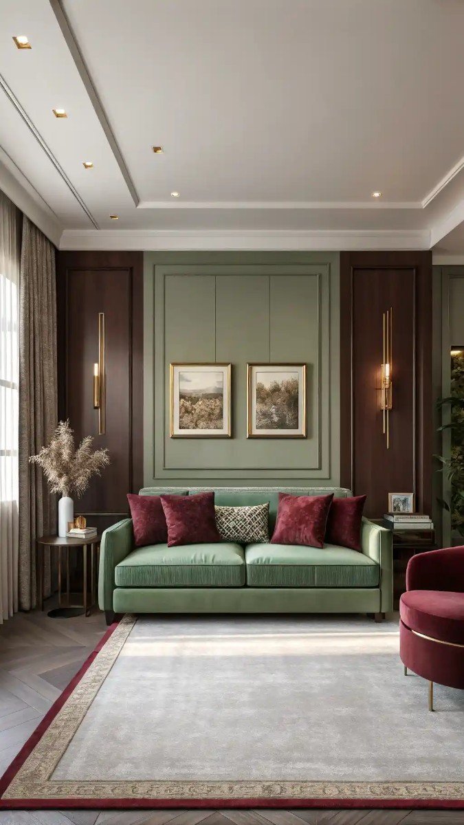 green and burgundy living room decor 17
