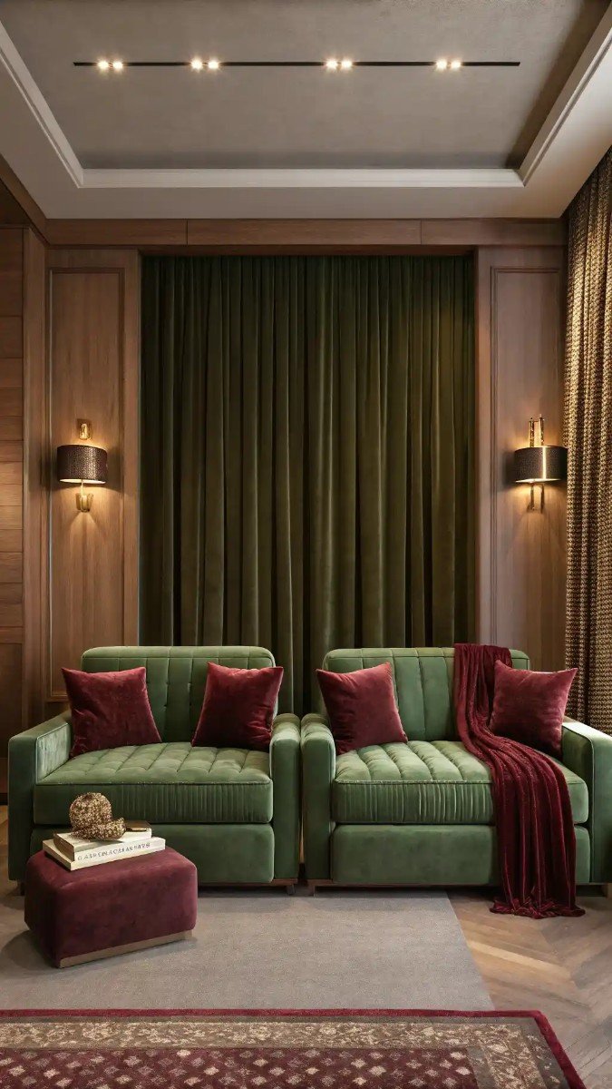 green and burgundy living room decor 18