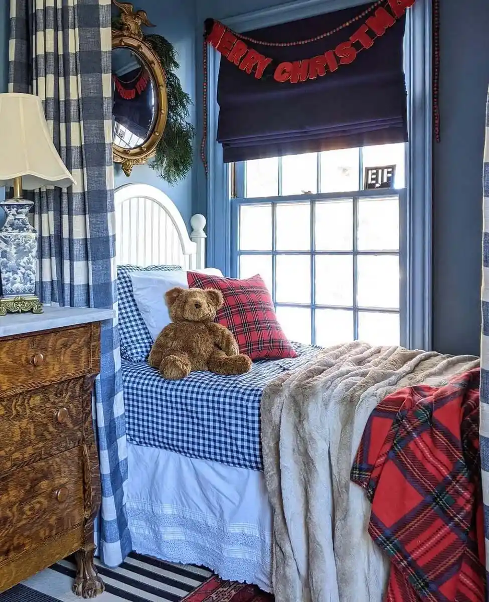blue and red christmas decor bedroom