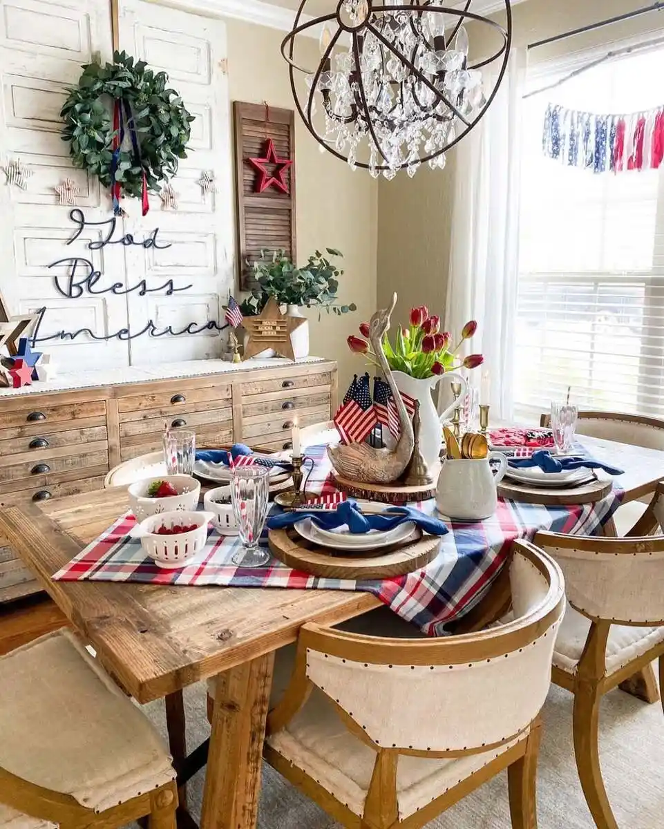 blue and red christmas decor table