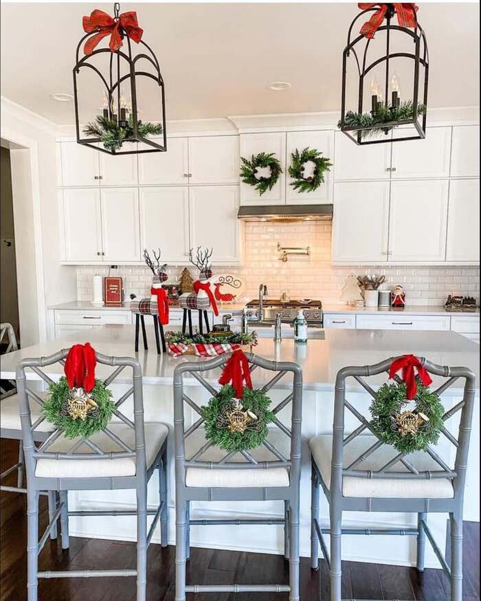 christmas bows on kitchen cabinets