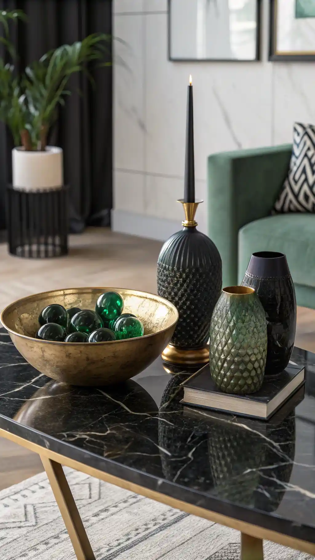 Sculptural Brass & Emerald Accents