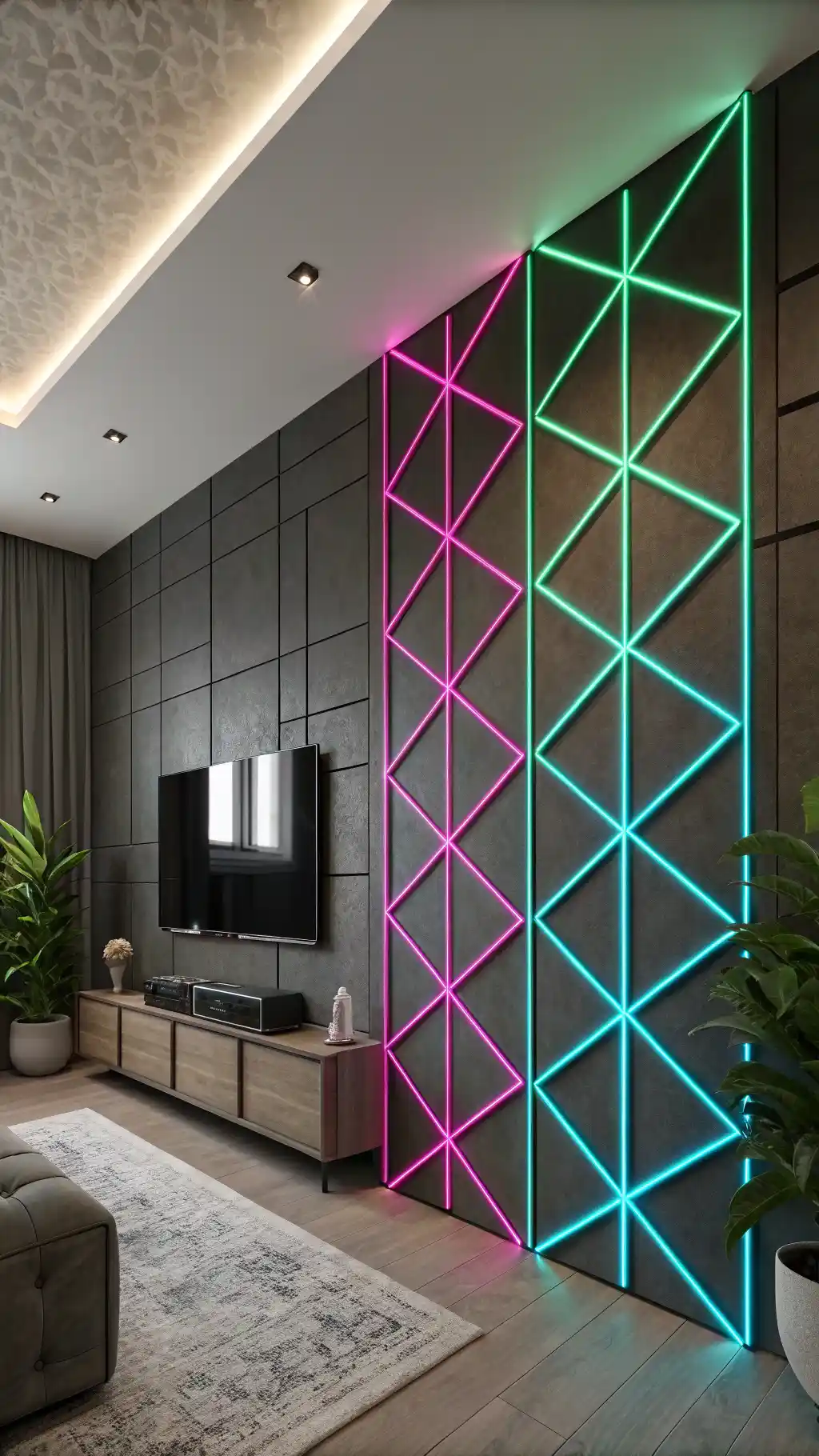 Neon Grid Geometric Accent Wall