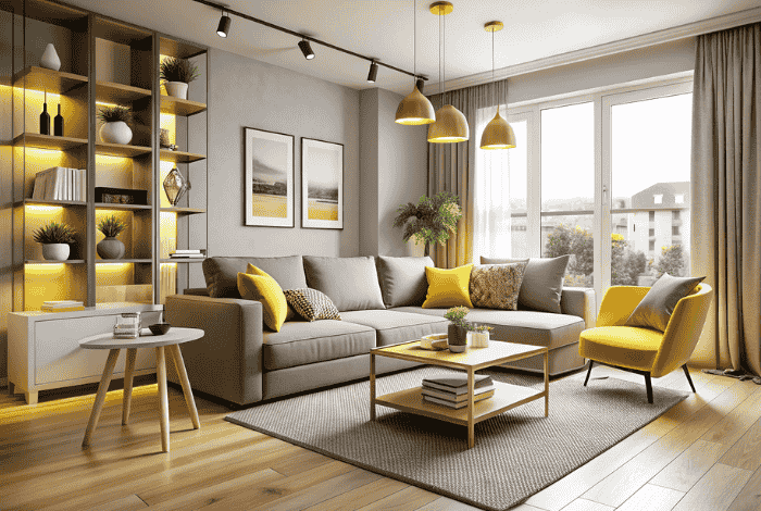 living room design yellow and grey featured image