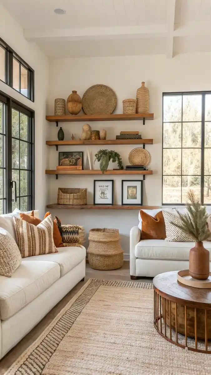Boho floating shelf decor ideas for living room